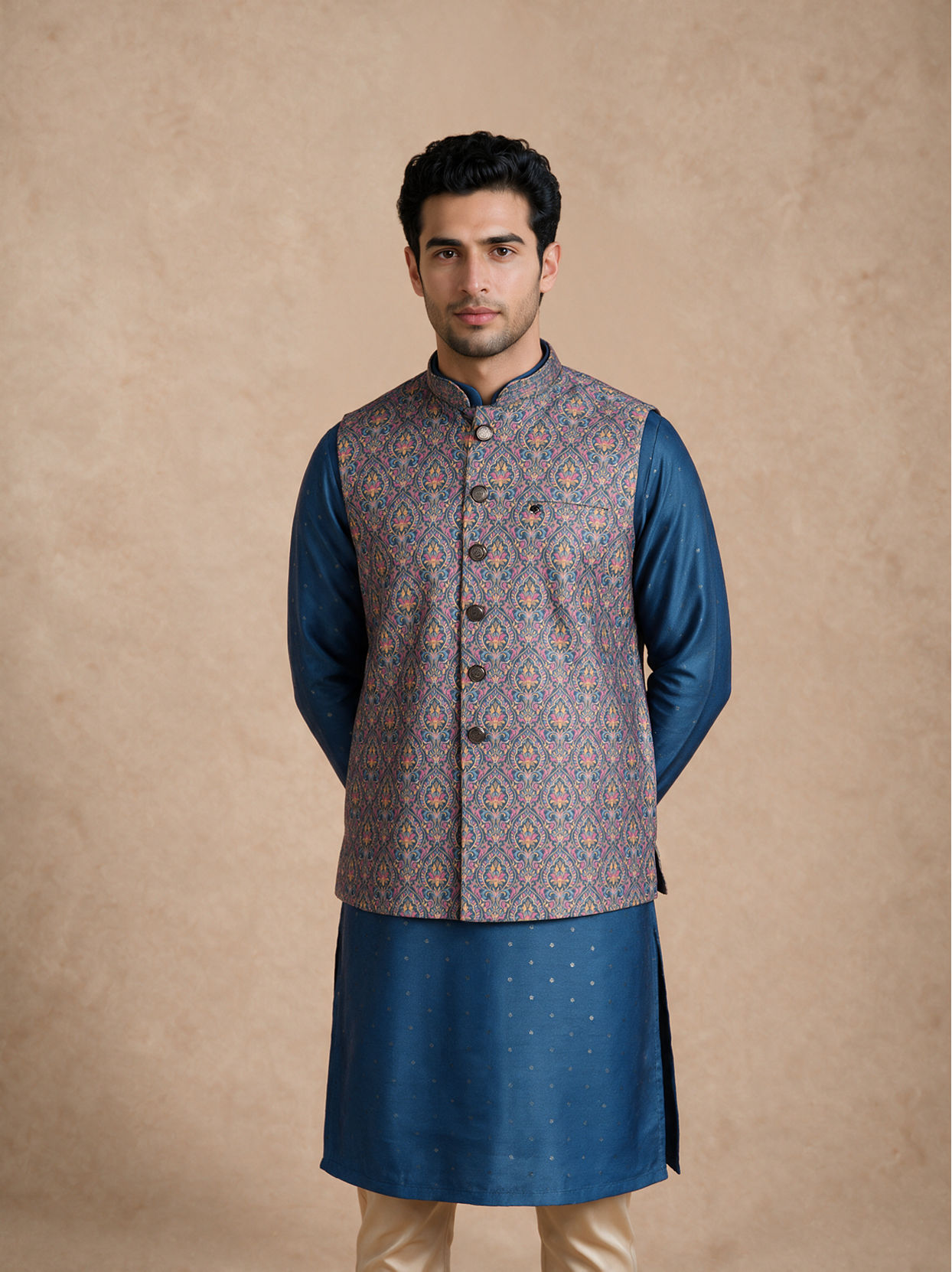 Manyavar Men Blue Silk Jacket Set with Thread Embroidery