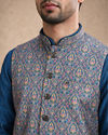 Manyavar Men Blue Silk Jacket Set with Thread Embroidery