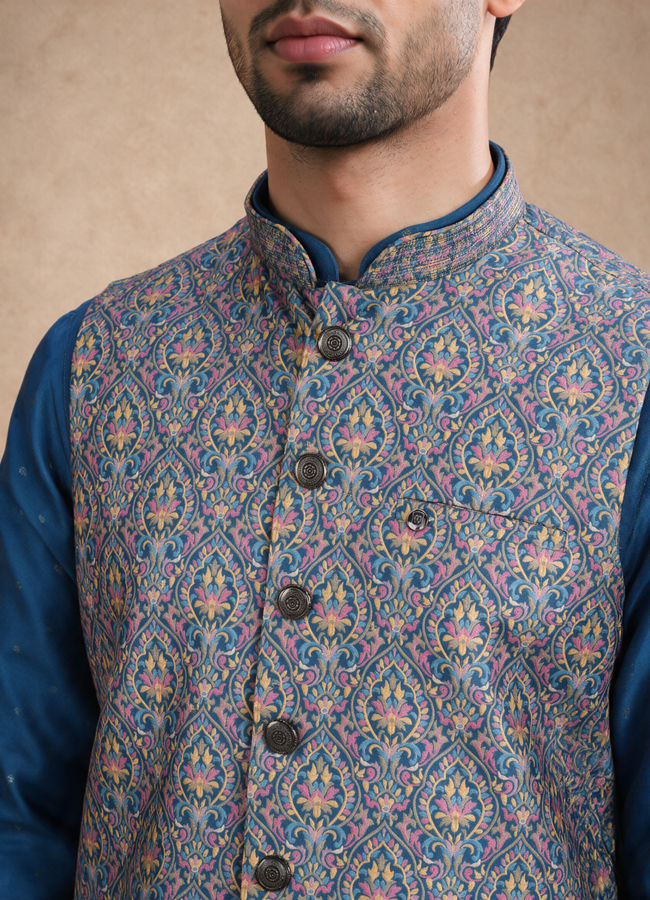 Manyavar Men Blue Silk Jacket Set with Thread Embroidery