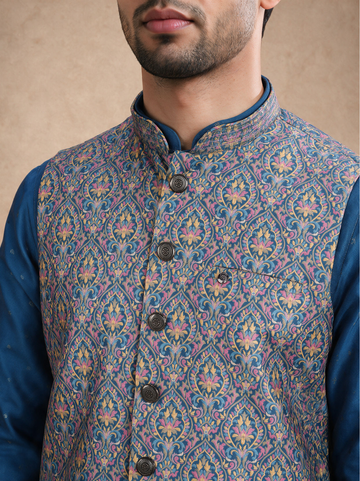 Manyavar Men Blue Silk Jacket Set with Thread Embroidery