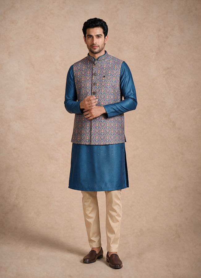 Manyavar Men Blue Silk Jacket Set with Thread Embroidery