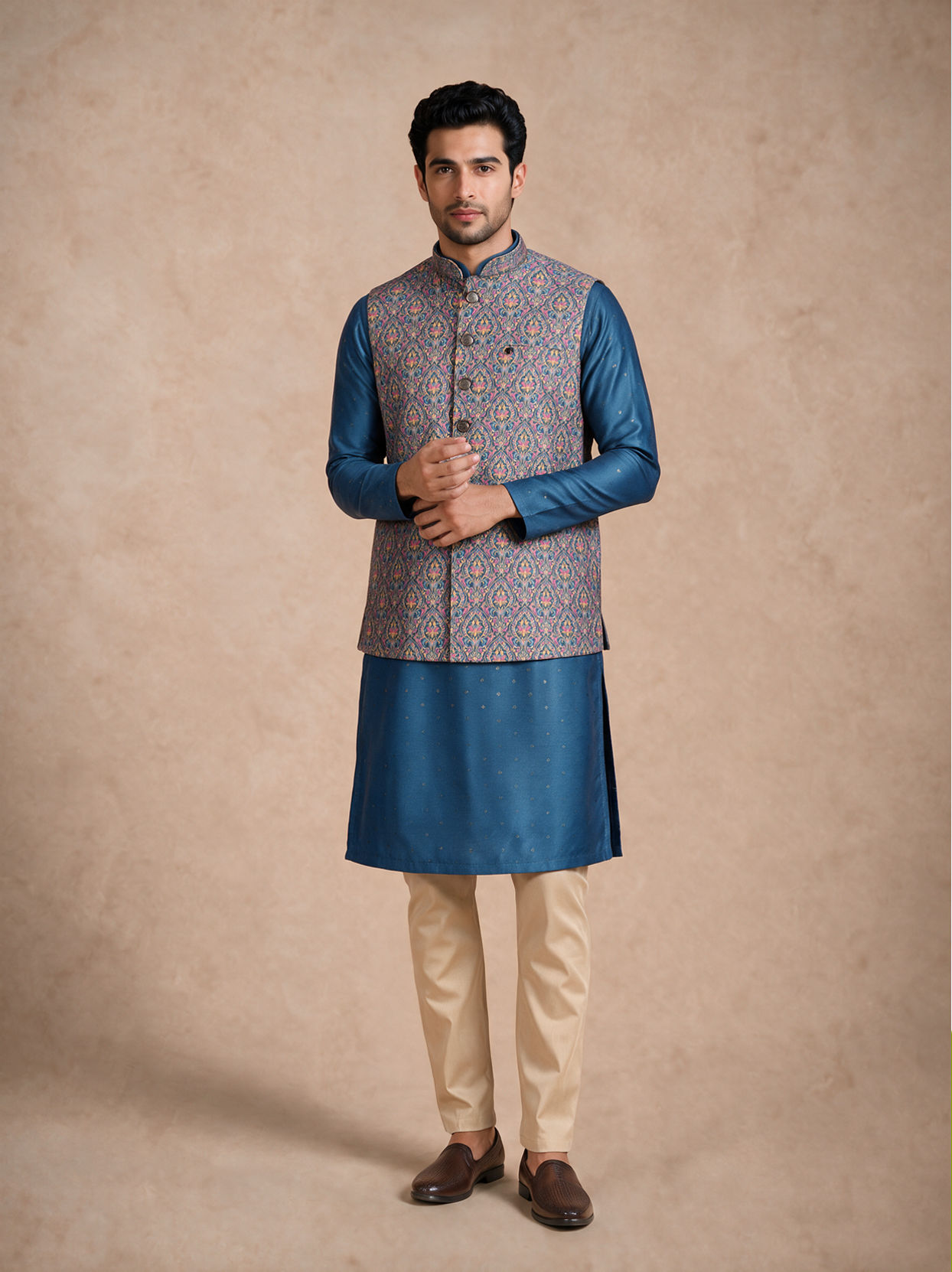 Manyavar Men Blue Silk Jacket Set with Thread Embroidery