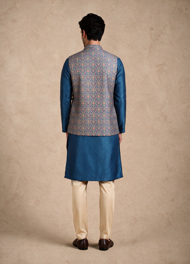 Manyavar Men Blue Silk Jacket Set with Thread Embroidery