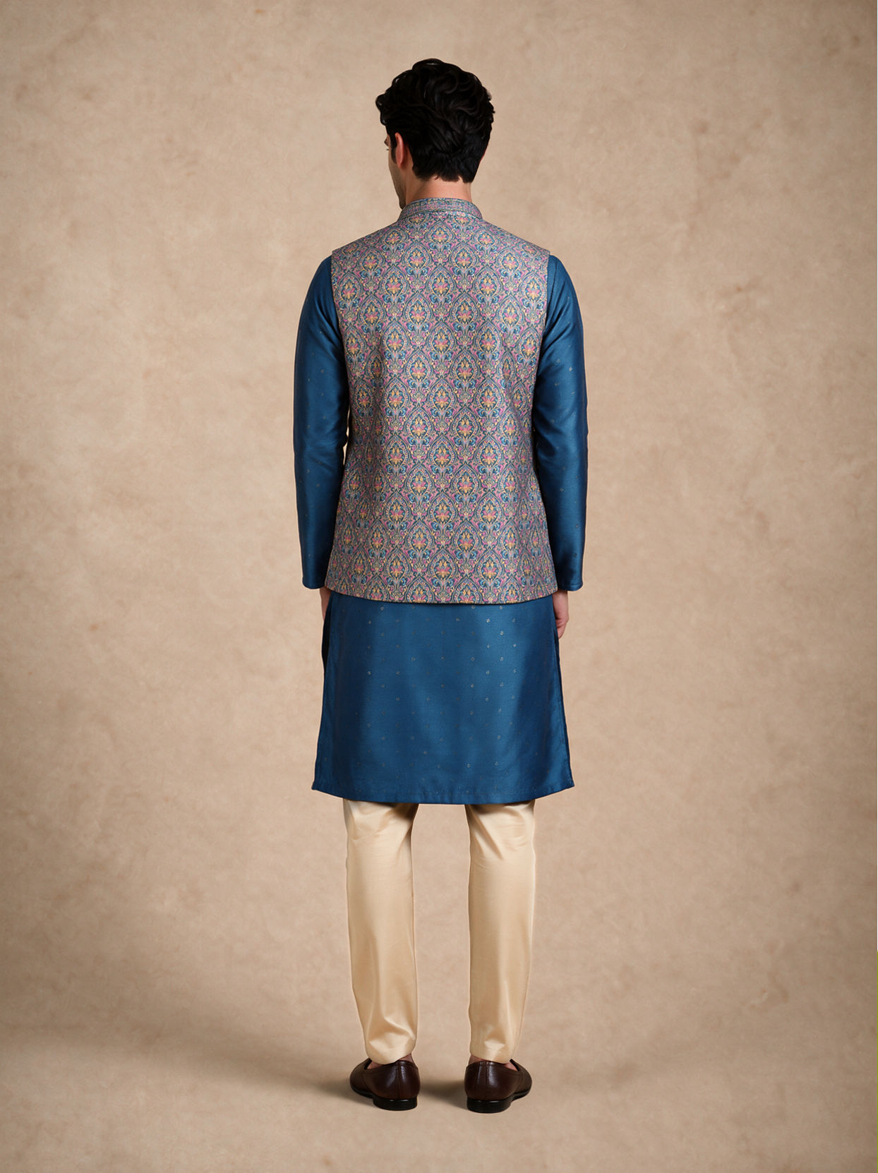 Manyavar Men Blue Silk Jacket Set with Thread Embroidery