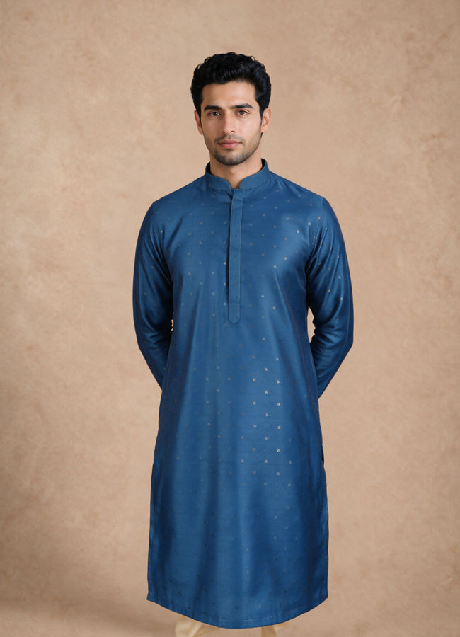 Manyavar Men Blue Silk Jacket Set with Thread Embroidery