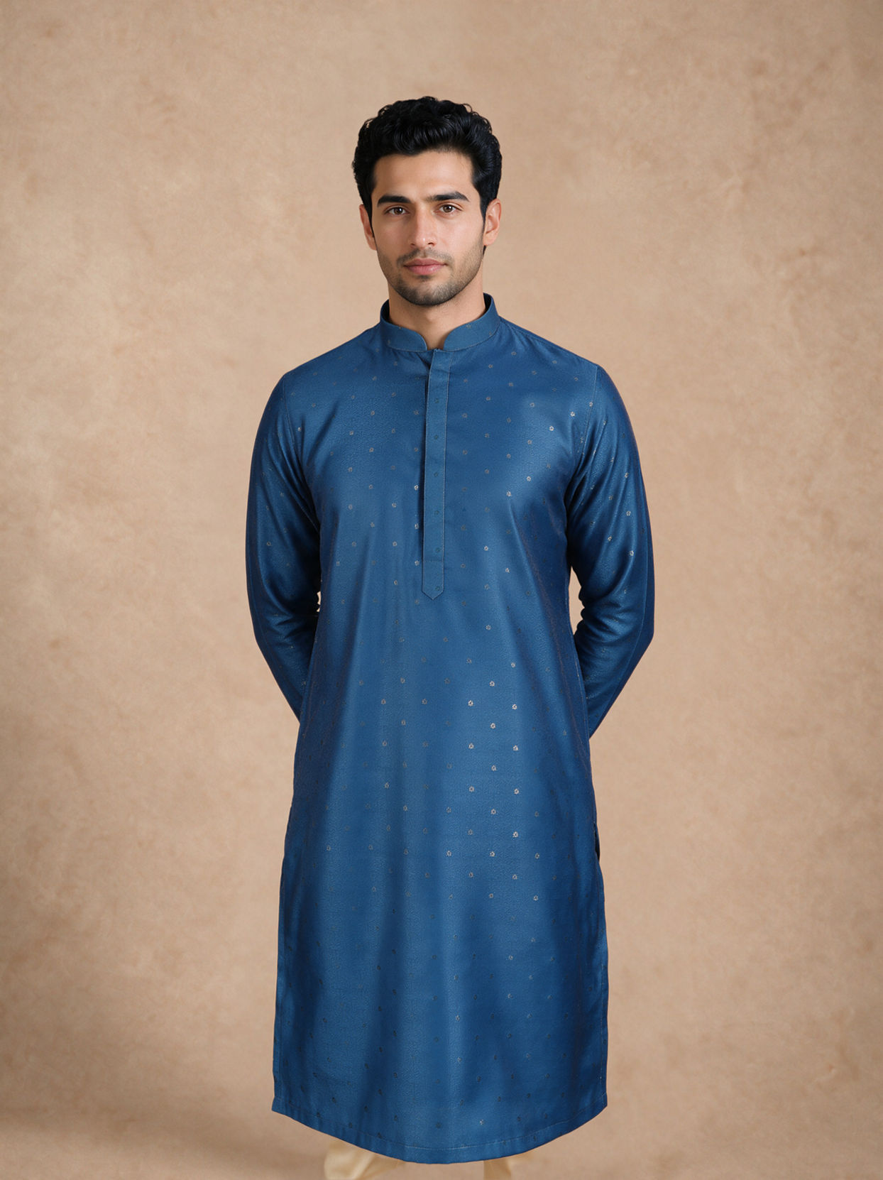 Manyavar Men Blue Silk Jacket Set with Thread Embroidery