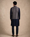 Manyavar Men Blue Brocade Kurta Jacket Set with Thread Embroidery,
