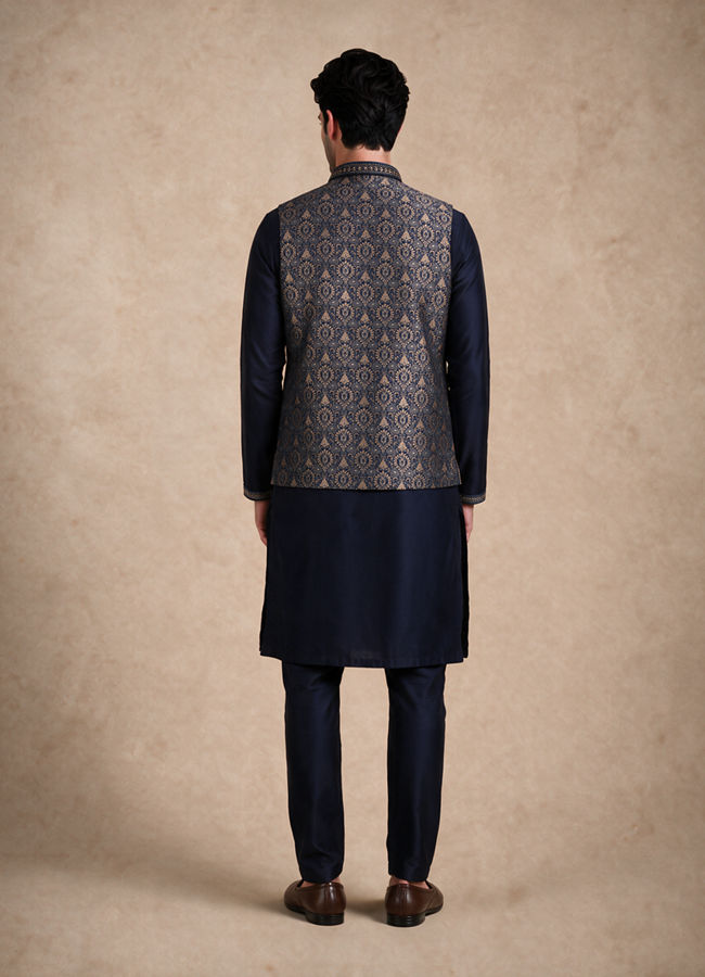 Manyavar Men Blue Brocade Kurta Jacket Set with Thread Embroidery,