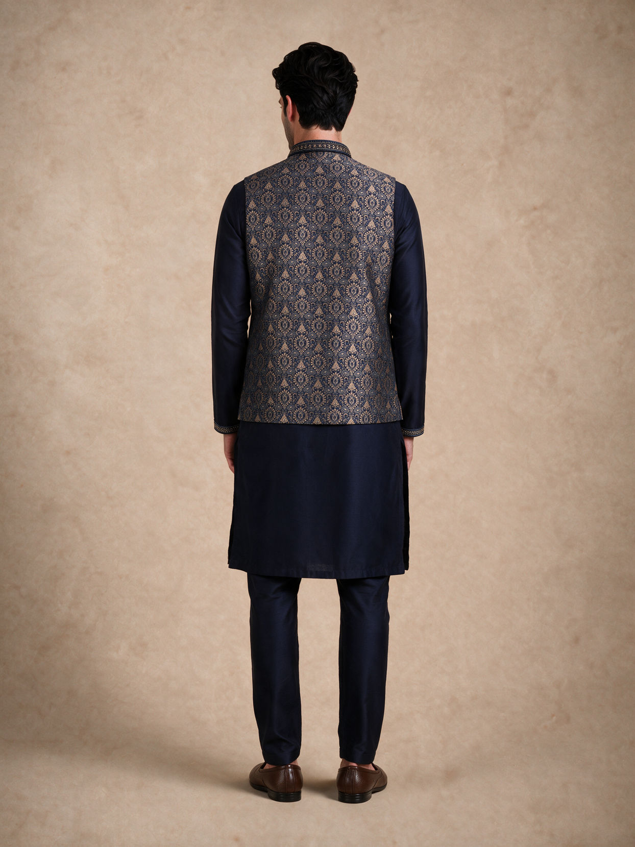Manyavar Men Blue Brocade Kurta Jacket Set with Thread Embroidery,