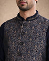 Manyavar Men Blue Brocade Kurta Jacket Set with Thread Embroidery,