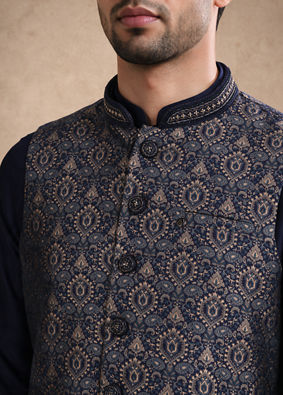 Manyavar Men Blue Brocade Kurta Jacket Set with Thread Embroidery,