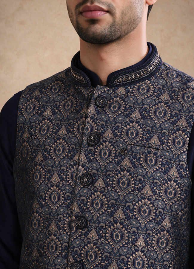 Manyavar Men Blue Brocade Kurta Jacket Set with Thread Embroidery,
