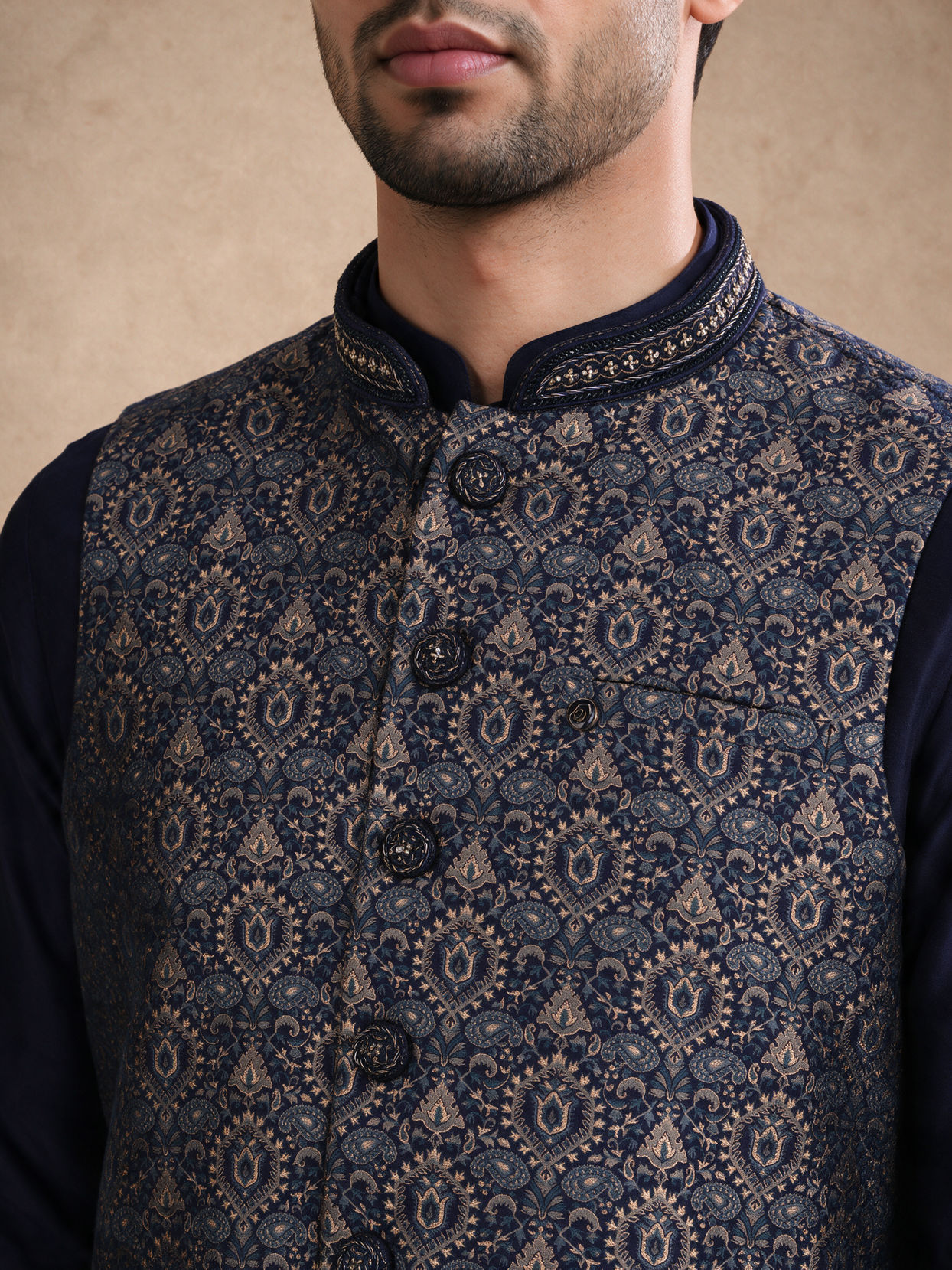 Manyavar Men Blue Brocade Kurta Jacket Set with Thread Embroidery,