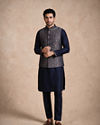 Manyavar Men Blue Brocade Kurta Jacket Set with Thread Embroidery,