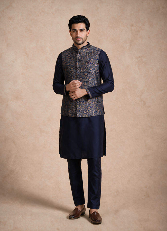 Manyavar Men Blue Brocade Kurta Jacket Set with Thread Embroidery,