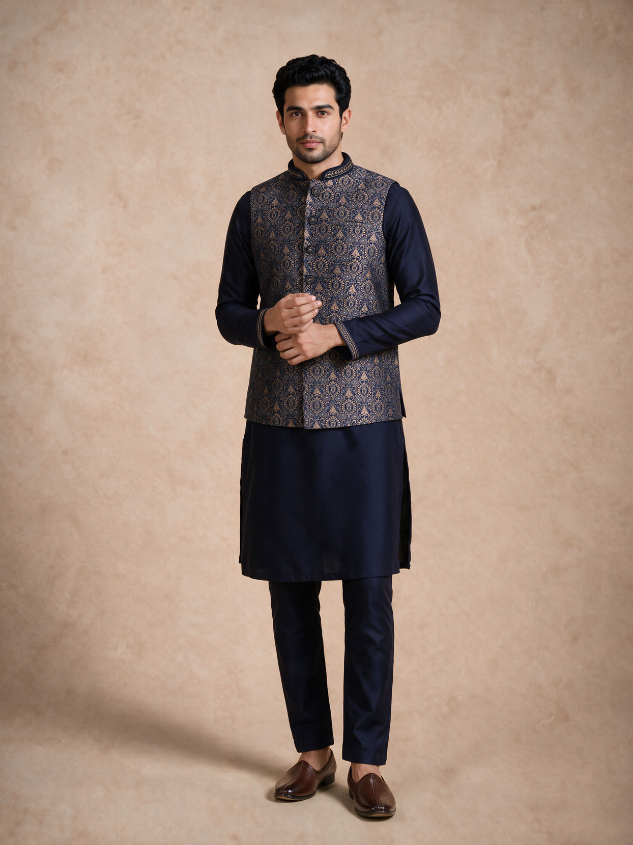 Manyavar Men Blue Brocade Kurta Jacket Set with Thread Embroidery,