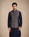 Manyavar Men Blue Brocade Kurta Jacket Set with Thread Embroidery,