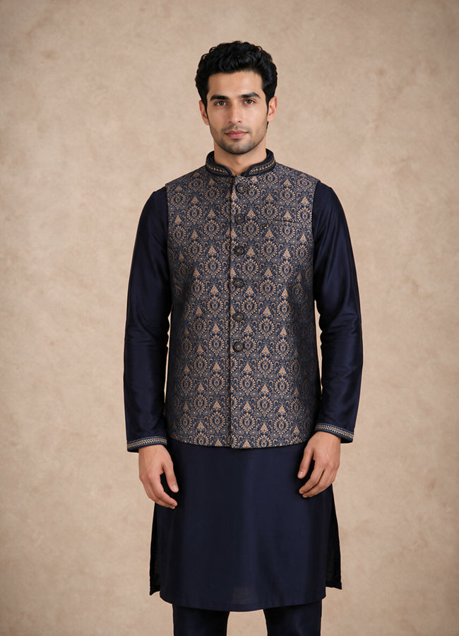 Manyavar Men Blue Brocade Kurta Jacket Set with Thread Embroidery,