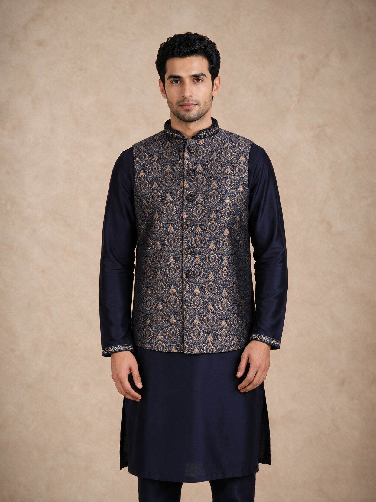 Manyavar Men Blue Brocade Kurta Jacket Set with Thread Embroidery,