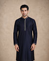 Manyavar Men Blue Brocade Kurta Jacket Set with Thread Embroidery,