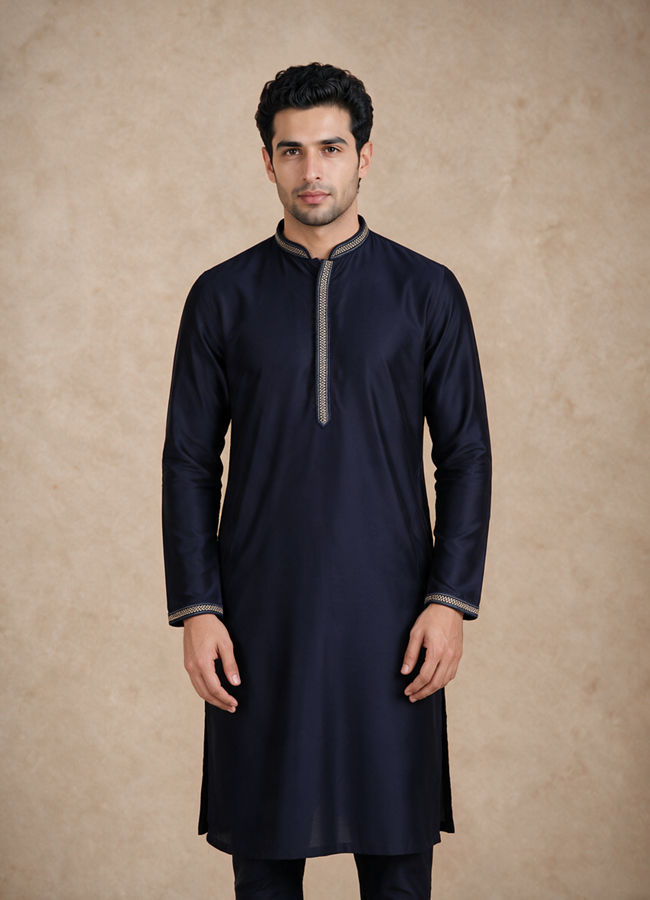 Manyavar Men Blue Brocade Kurta Jacket Set with Thread Embroidery,