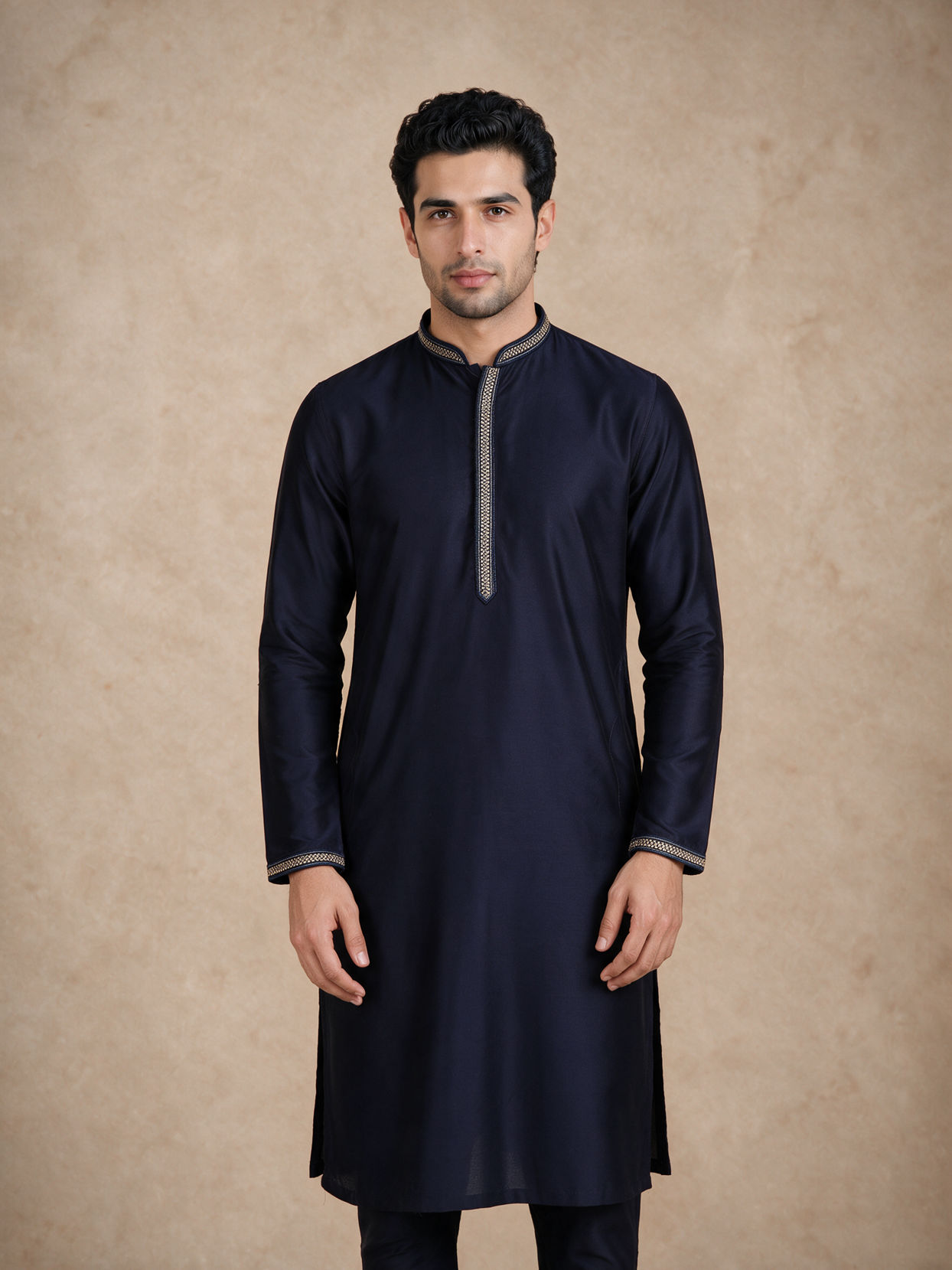 Manyavar Men Blue Brocade Kurta Jacket Set with Thread Embroidery,
