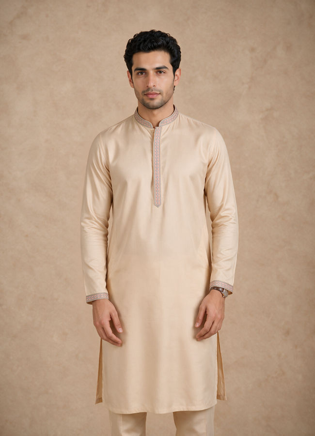Manyavar Men Cream Brocade Kurta Jacket Set with Hand Embroidery