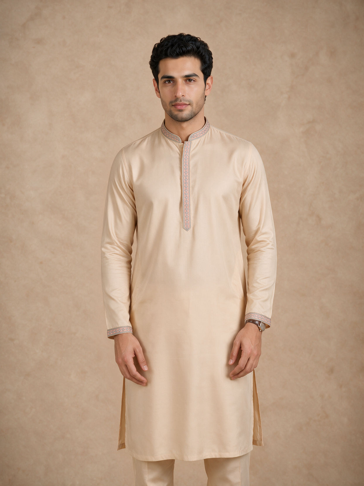 Manyavar Men Cream Brocade Kurta Jacket Set with Hand Embroidery