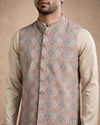 Manyavar Men Cream Brocade Kurta Jacket Set with Hand Embroidery