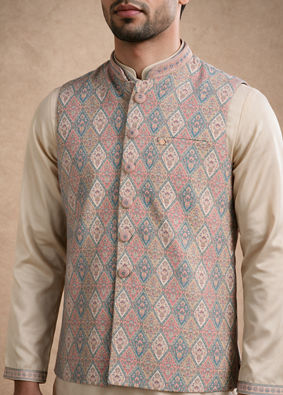 Manyavar Men Cream Brocade Kurta Jacket Set with Hand Embroidery