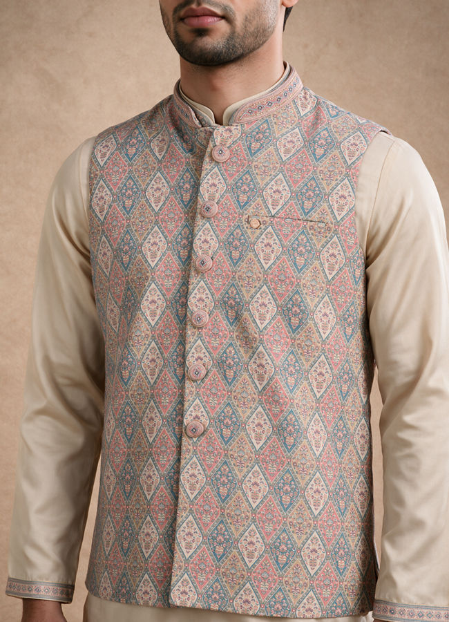 Manyavar Men Cream Brocade Kurta Jacket Set with Hand Embroidery