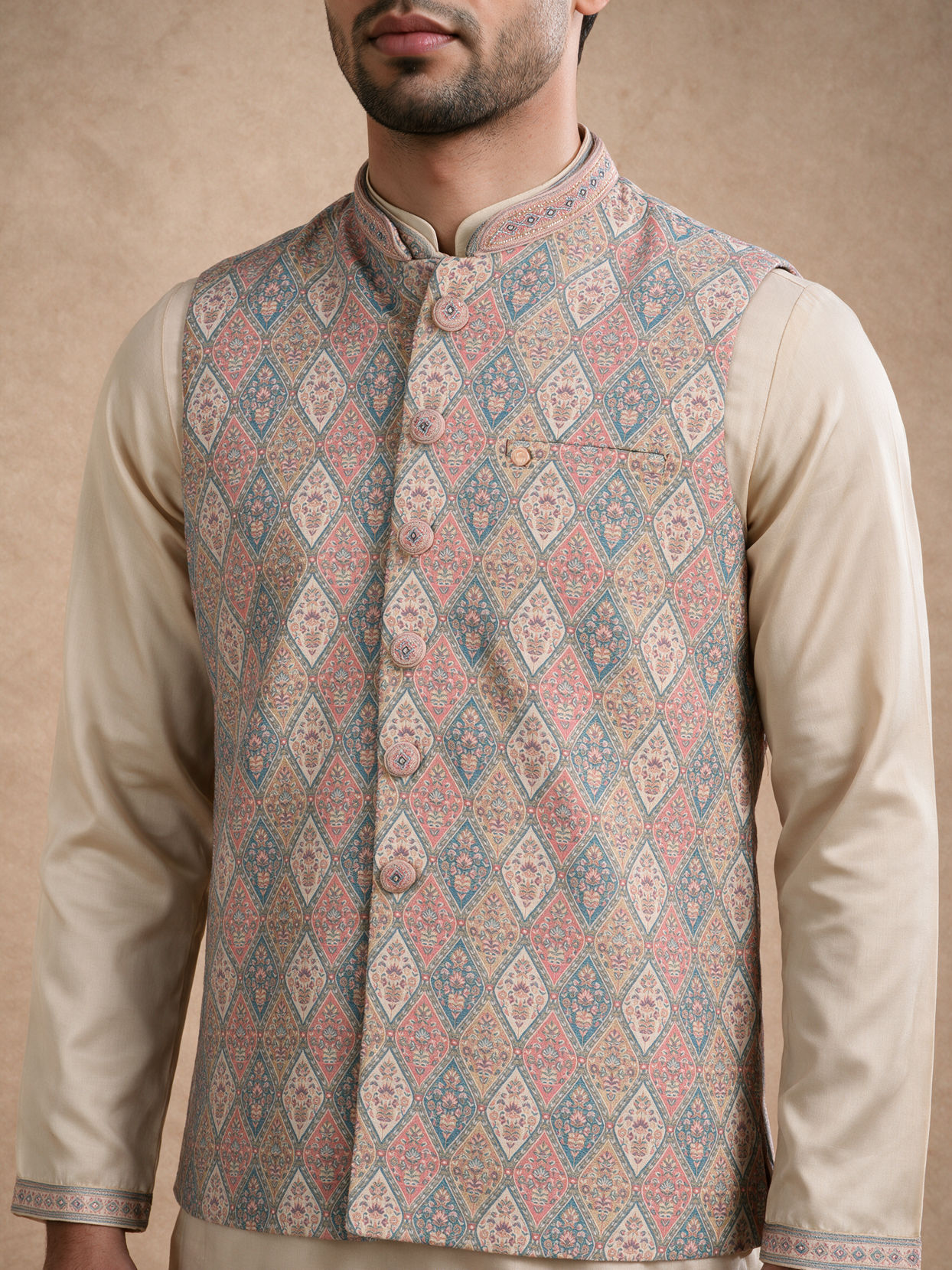 Manyavar Men Cream Brocade Kurta Jacket Set with Hand Embroidery