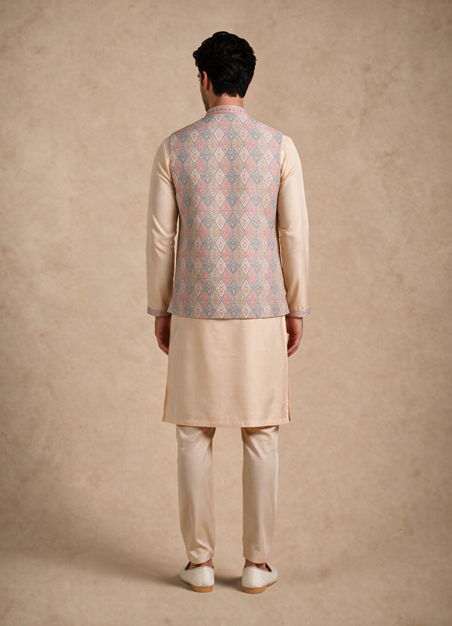 Manyavar Men Cream Brocade Kurta Jacket Set with Hand Embroidery
