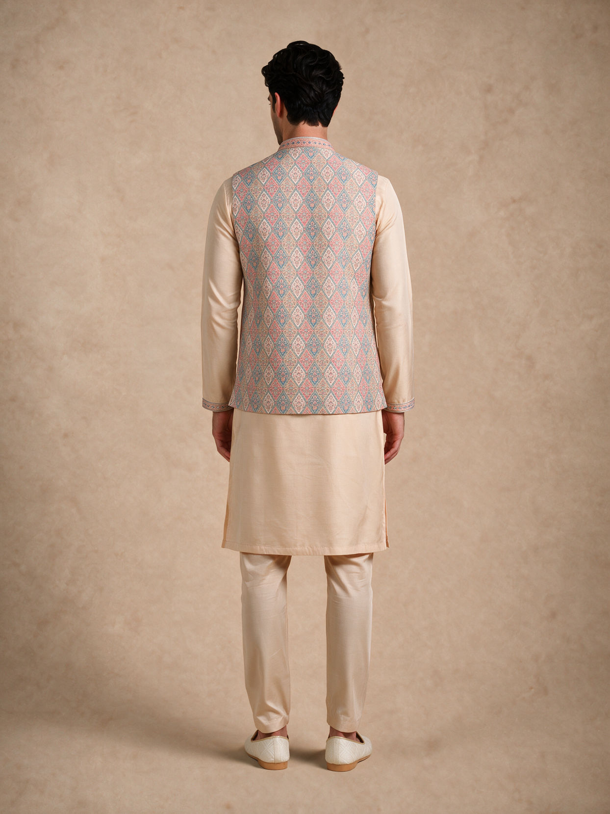 Manyavar Men Cream Brocade Kurta Jacket Set with Hand Embroidery