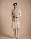 Manyavar Men Cream Brocade Kurta Jacket Set with Hand Embroidery