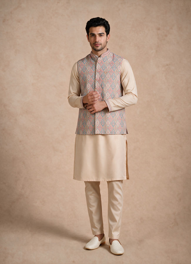 Manyavar Men Cream Brocade Kurta Jacket Set with Hand Embroidery