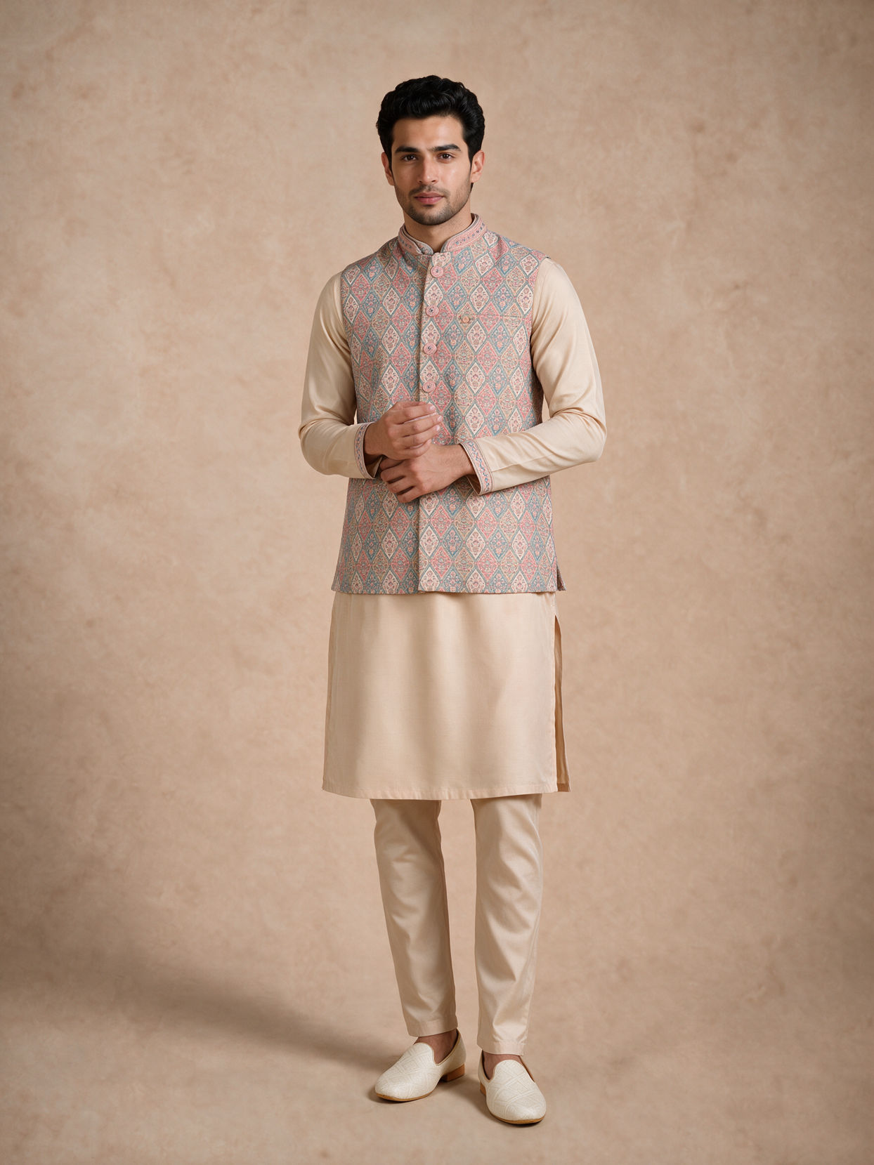 Manyavar Men Cream Brocade Kurta Jacket Set with Hand Embroidery