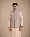 Manyavar Men Cream Brocade Kurta Jacket Set with Hand Embroidery