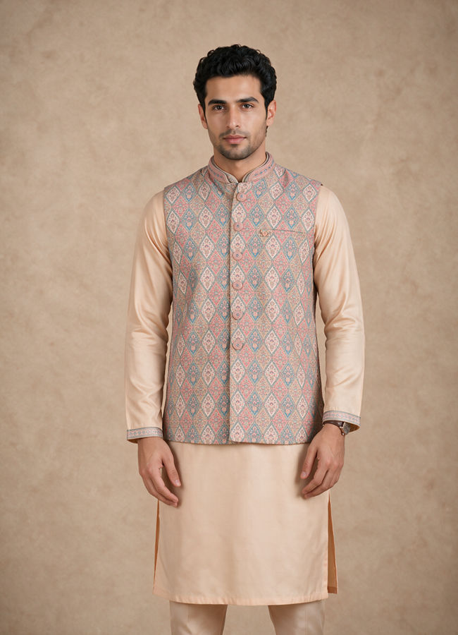 Manyavar Men Cream Brocade Kurta Jacket Set with Hand Embroidery