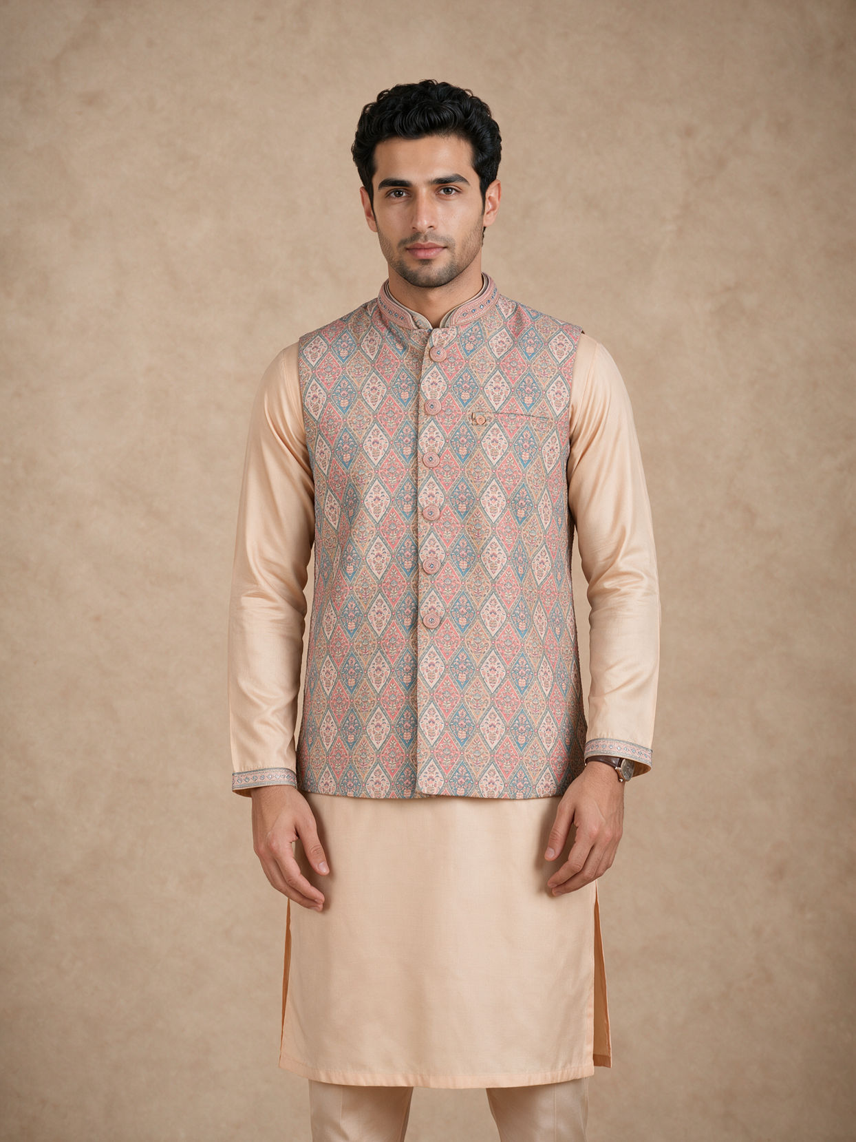 Manyavar Men Cream Brocade Kurta Jacket Set with Hand Embroidery