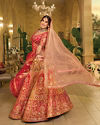 alt message - Mohey Women Radiant Red and Mustard Bridal Art Silk Lehenga image number 0