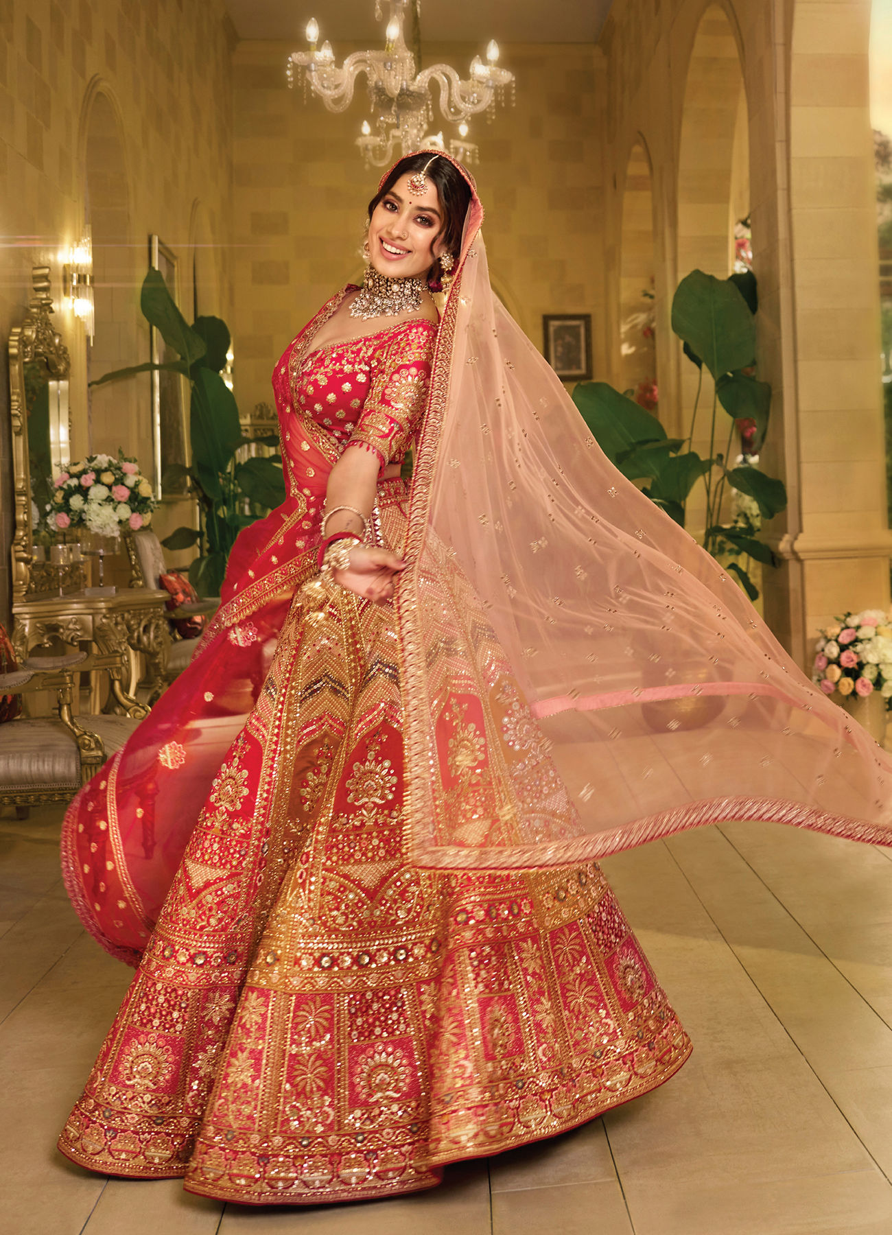 Mohey Women Radiant Red and Mustard Bridal Art Silk Bridal Lehenga