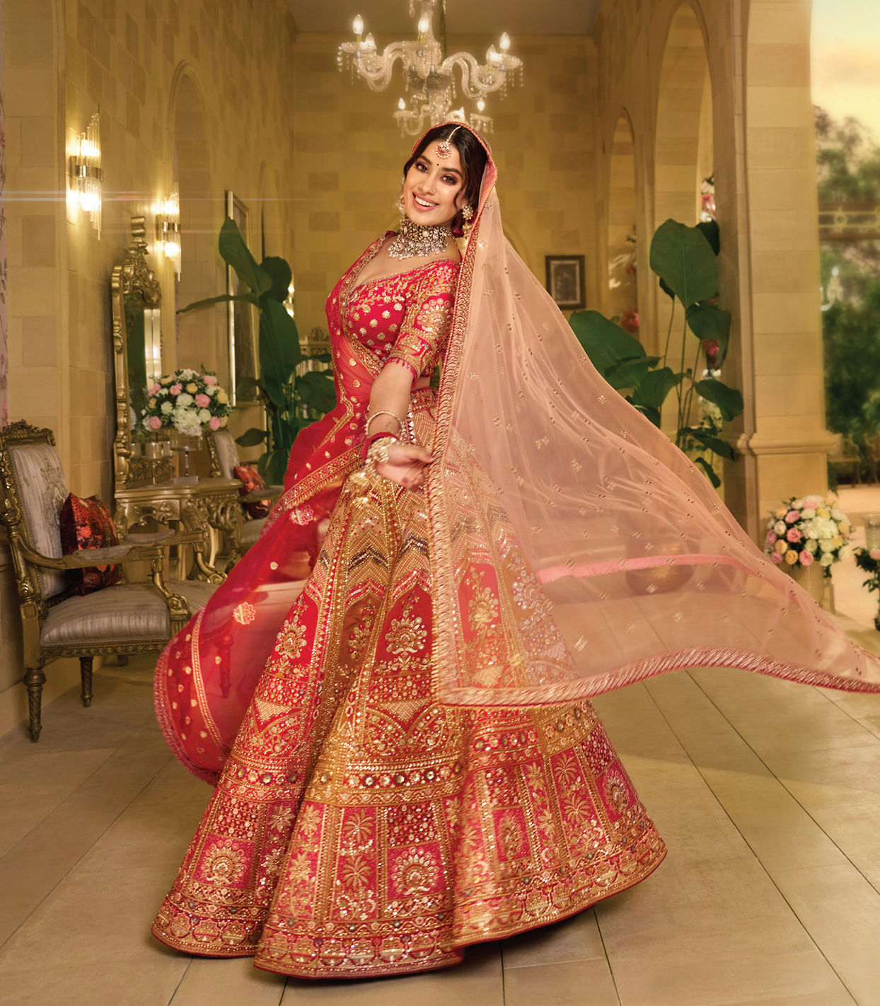 alt message - Mohey Women Radiant Red and Mustard Bridal Art Silk Lehenga image number 0