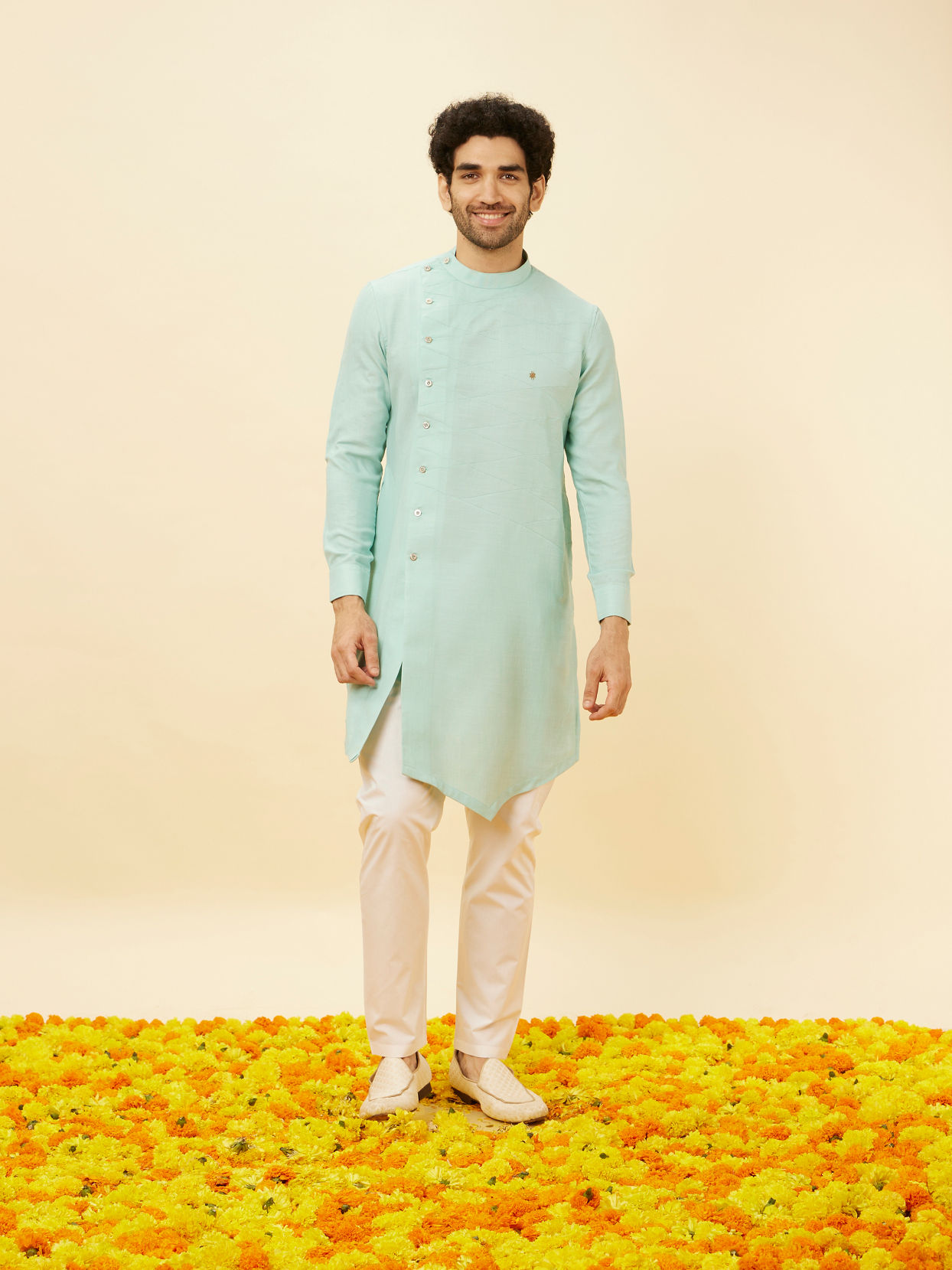 Manyavar Men Aqua Green Angrakha Kurta Set