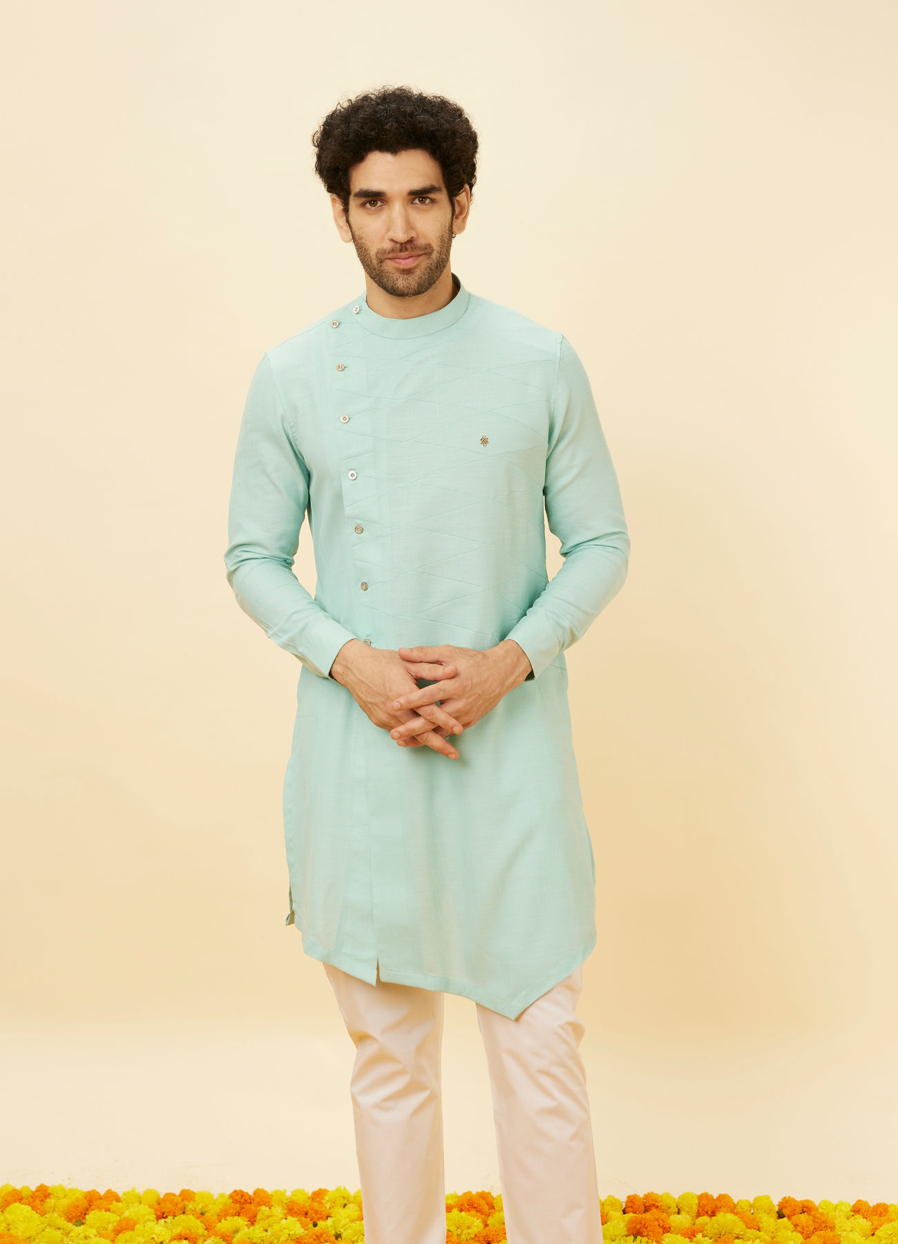 Manyavar Men Aqua Green Angrakha Kurta Set
