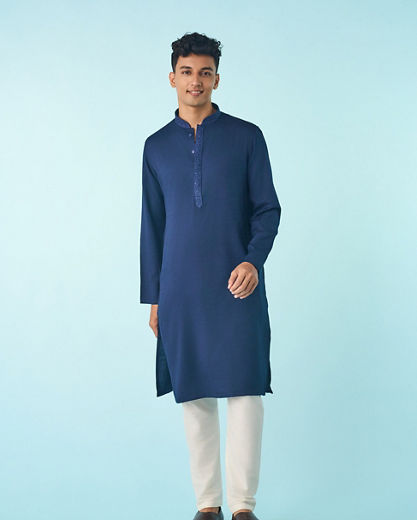 Diwas Men Dark Blue Jacquard Kurta