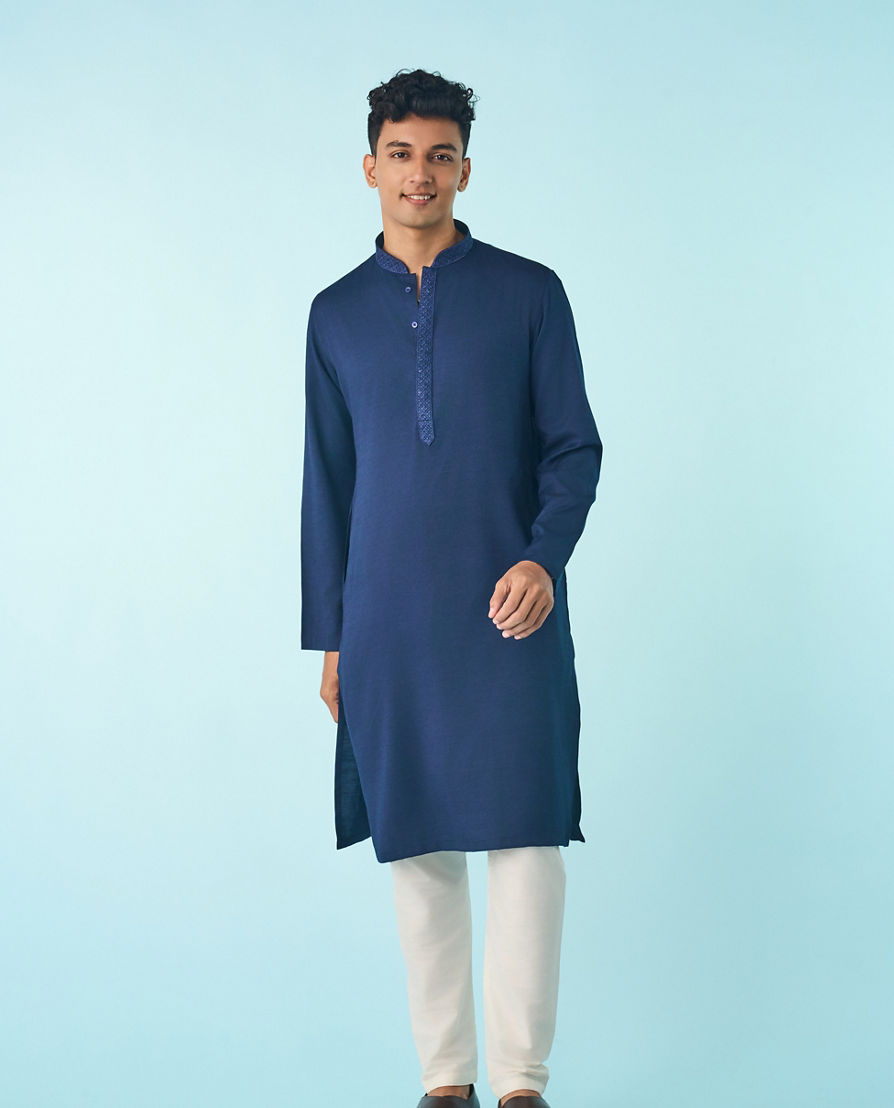 Diwas Men Dark Blue Jacquard Kurta