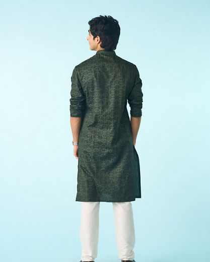 Diwas Men Dark Green Cotton Printed Kurta