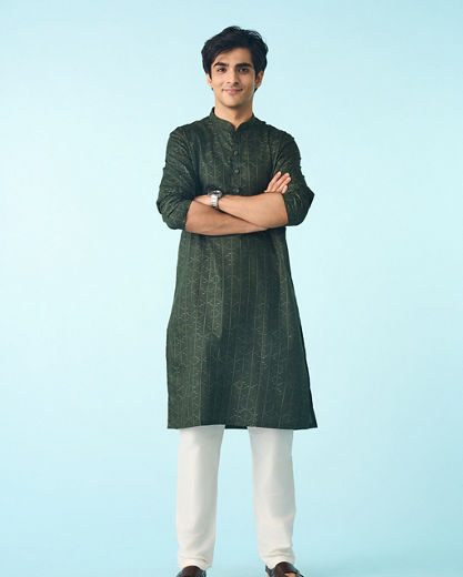 Diwas Men Dark Green Cotton Printed Kurta