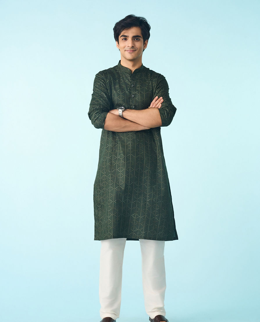 Diwas Men Dark Green Cotton Printed Kurta